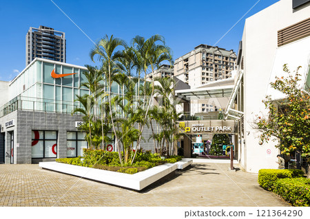 Low-angle view of the Mitsui Outlet Park Linkou in New Taipei City, Taiwan. It is Mitsui Fudosan's third overseas base. 121364290