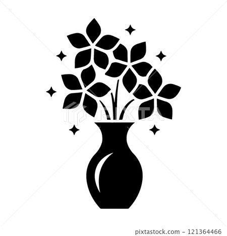 一瓶花的黑色剪影插圖，在透明背景上剪出 121364466