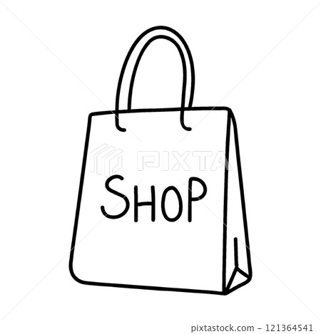 Simple hand-drawn line drawing of a shopping bag, cut out on transparent background 121364541