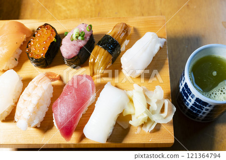 Delicious nigiri sushi on the table 121364794