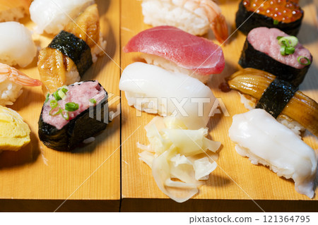 Delicious nigiri sushi on the table 121364795
