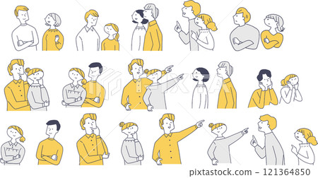 Simple line drawing set of young men and women in various poses 121364850
