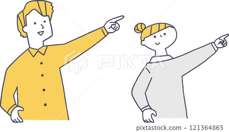 年輕男女向上指著線條畫玫瑰 121364865