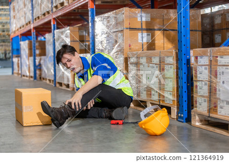 Male accidents from working box inspect product on shelves carrying heavy objects in warehouse. Box fell on me and I had leg pain while working. Man worker storehouse logistic storage product. 121364919