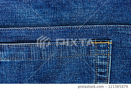 深藍色牛仔布口袋部分特寫紋理背景照片 深藍色牛仔布口袋部分特寫紋理背景照片 121365879