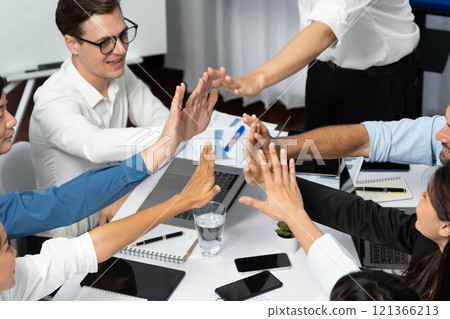 Group of diverse office worker employee high five and working together. Prudent 121366213