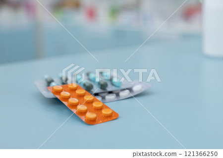 Blister pack of pills on table pharmacy. Drugstore product.Concept of medicine. copy space image. 121366250