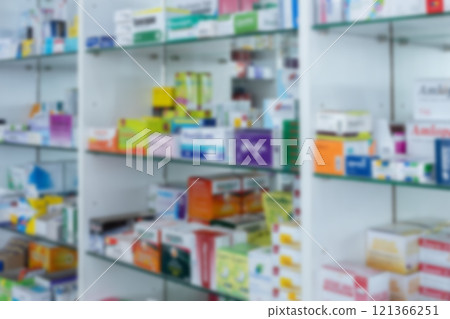 Blur abstract backbround of pharmacy drugstore image healthcare product on shelves. Drug shop pharmaceutical. Blur abstract backbround of pharmacy drugstore image healthcare product on shelves. Drug shop pharmaceutical. 121366251