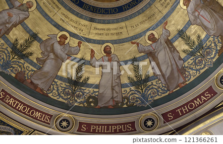 St Bartholomew, St Philip, St Thomas, the dome painted by Charles Joseph Lameire, St Francis Xavier's Church in Paris, France 121366261