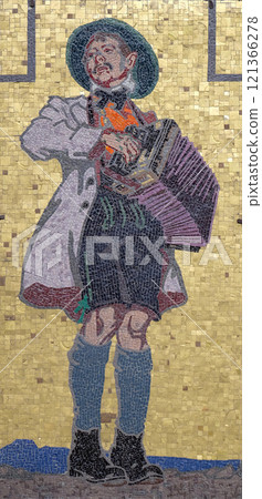 Mosaic on the house facade, Glockenspielplatz in Graz, Styria, Austria Mosaic on the house facade, Glockenspielplatz in Graz, Styria, Austria 121366278