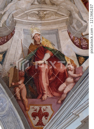 Virtue Ecclesia, fresco by Bernardino Poccetti Ospedale degli Innocenti - Exterior arcade, Florence, Italy 121366287