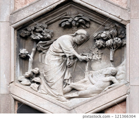 Creation of Adam, Andrea Pisano, 1334-36., Relief on Giotto Campanile of Cattedrale di Santa Maria del Fiore (Cathedral of Saint Mary of the Flower), Florence, Italy 121366304