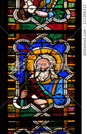 Catholic Saint, stained glass window in the Basilica di Santa Croce (Basilica of the Holy Cross) - famous Franciscan church in Florence, Italy 121366312