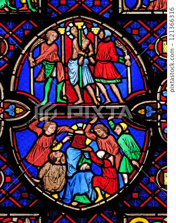 Flagellation of Christ, stained glass window from Saint Germain-l'Auxerrois church in Paris, France Flagellation of Christ, stained glass window from Saint Germain-l'Auxerrois church in Paris, France 121366316