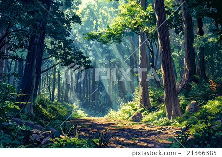 Mysterious forest scenery of Shirakami-Sanchi bathed in sunlight 121366385