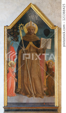 Saint Bonaventure between two angels, work by Domenico di Michelino, Basilica di Santa Croce (Basilica of the Holy Cross) - famous Franciscan church in Florence, Italy 121366425