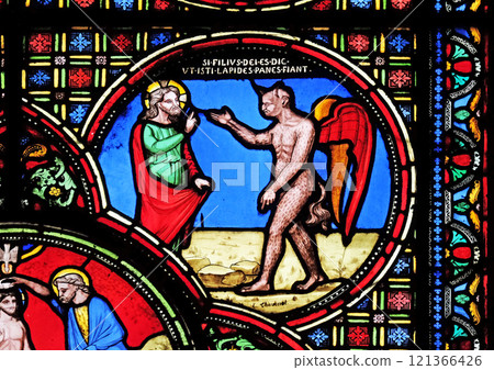 Jesus tempted by the devil, stained glass window from Saint Germain-l'Auxerrois church in Paris, France 121366426