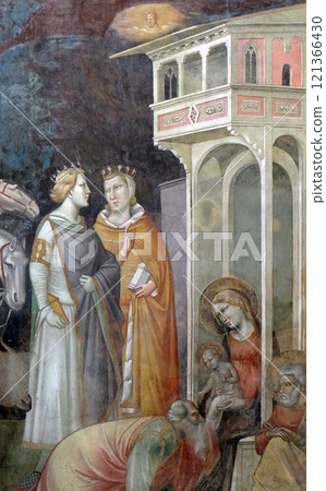 Nativity Scene, Adoration of the Magi, fresco by Taddeo Gaddi (1295-1366), Bandini Baroncelli Chapel in the Basilica di Santa Croce (Basilica of the Holy Cross) - famous Franciscan church in Florence Nativity Scene, Adoration of the Magi, fresco by Taddeo Gaddi (1295-1366), Bandini Baroncelli Chapel in the Basilica di Santa Croce (Basilica of the Holy Cross) - famous Franciscan church in Florence 121366430