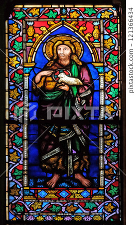 Saint John the Baptist, stained glass window in the Basilica di Santa Croce (Basilica of the Holy Cross) - famous Franciscan church in Florence, Italy 121366434