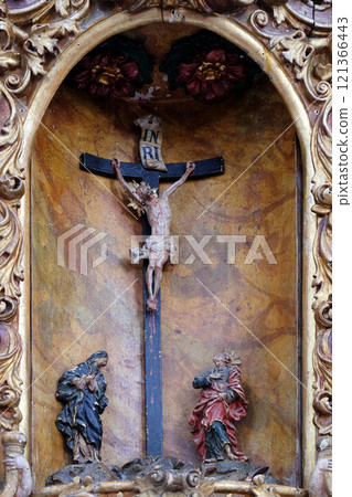 Virgin Mary and Saint John under the cross, main altar in the church of Saint Leonard of Noblac in Kotari, Croatia 121366443