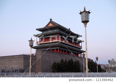 Archery Tower of Zhengyangmen is a gate in Beijing's historic city wall situated to the south of Tiananmen Square and once guarded the southern entry into the Inner City, in Beijing, China 121366462