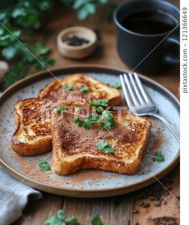 在煎好的法式吐司上撒上肉桂粉 121366649