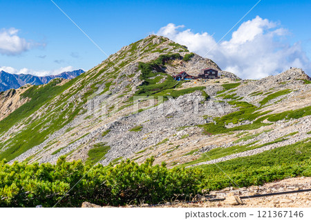 The summit of Mt. Daitenjo and the mountain hut Daitenso, Northern Alps, Mt. Daitenjo Panorama Ginza Traverse 121367146