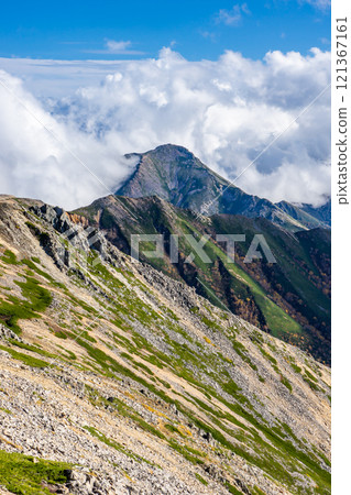 從北阿爾卑斯山大手嶽山頂看到的常年山,大手岳全景銀座垂直登山 從北阿爾卑斯山大手嶽山頂看到的常年山,大手岳全景銀座垂直登山 121367161