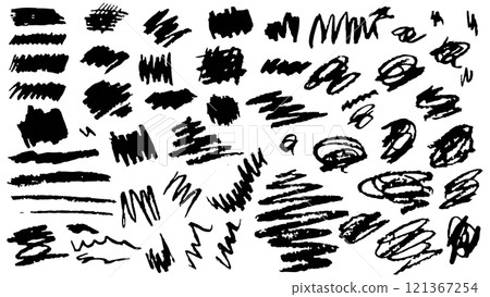 Set of hand drawn chalk different black doodles, stripes and strokes in grunge style, collection of hand drawn chalk broad strokes on white background, brushes of different designs for decoration 121367254