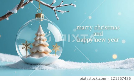 elegance of a Christmas tree inside a crystal globe, Merry Christmas and New Year greeting card, banner in pastel blue elegance of a Christmas tree inside a crystal globe, Merry Christmas and New Year greeting card, banner in pastel blue 121367426