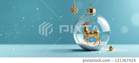 majestic golden stag encased in a snow globe surrounded, Merry Christmas and New Year greeting card, banner in pastel blue majestic golden stag encased in a snow globe surrounded, Merry Christmas and New Year greeting card, banner in pastel blue 121367428