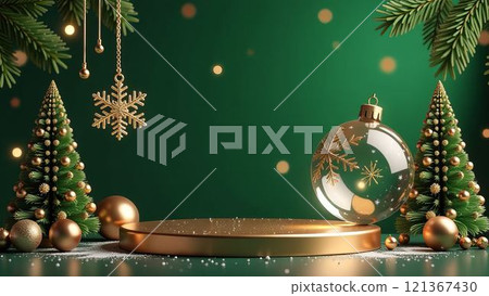 Christmas golden podium, fir trees, transparent ball on dark green background Concept stage showcase for sale, banner 121367430