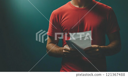 Confident Person Holding Papers in Red Shirt Under Dramatic Lighting with Health Insurance Focus 121367488