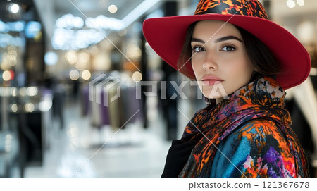 Stylish Woman Shopping at a Boutique in Upscale Mall with Fashionable Hat and Colorful Scarf 121367678