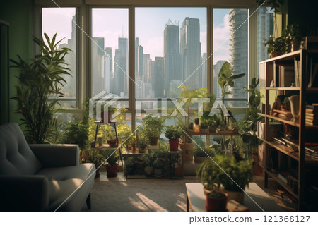 City jungle in apartment, lots of green plants in living room with large floor-to-ceiling windows, nobody City jungle in apartment, lots of green plants in living room with large floor-to-ceiling windows, nobody 121368127