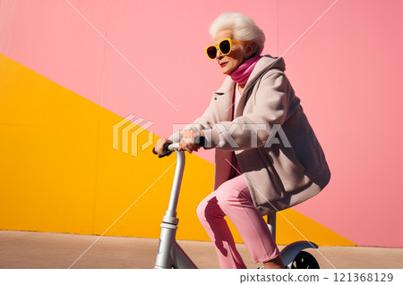 Smiling happy white haired old senior woman on scooter moves on pink and yellow background. Older people freedom Smiling happy white haired old senior woman on scooter moves on pink and yellow background. Older people freedom 121368129