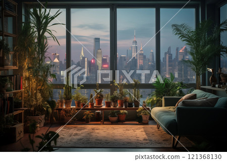 City jungle in a city apartment at sunset in the evening, lots of green plants in the living room with large floor-to-ceiling windows, no one 121368130