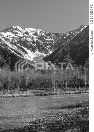 從梓川眺望奧穗高山、上高地自然步道漫步、報紙廣告 121368178