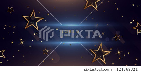 Abstract luxury golden star lighting effect glowing on dark blue background and sparkle. Abstract luxury golden star lighting effect glowing on dark blue background and sparkle. 121368321