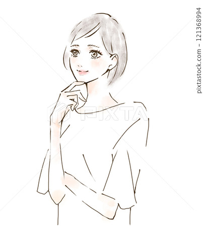 Illustration of a woman with her hand on her chin, smiling Illustration of a woman with her hand on her chin, smiling 121368994