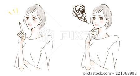 Illustration set of a woman with a flustered expression and a worried face Illustration set of a woman with a flustered expression and a worried face 121368998