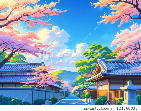 古風小鎮的動漫風格春天風景 121369033