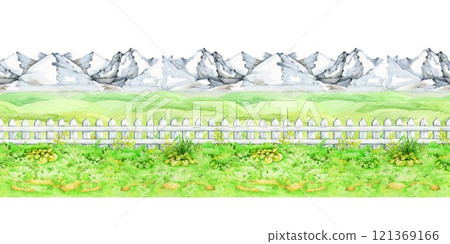 Green grassy ground with white fence, mountain range seamless border. Hand drawn watercolor illustration. Lush green grass border with fence countryside nature element on white background 121369166