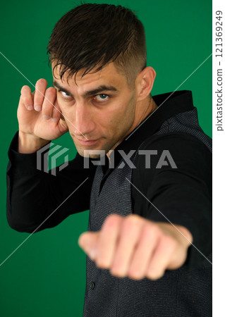 Beautiful woman in kimono show marshal art exercise on white Beautiful woman in kimono show marshal art exercise on white 121369249