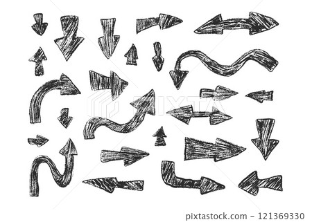 Arrow set crayon drawing. Chalk handwritten symbols. Black pointers by pencil isolated on white background. Vector hand drawn illustration Arrow set crayon drawing. Chalk handwritten symbols. Black pointers by pencil isolated on white background. Vector hand drawn illustration 121369330