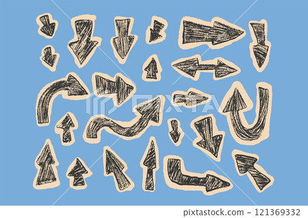 Arrow collage set crayon drawing Pointers isolated. Navigation marks. Scribble doodle paper signs. Vector hand drawn illustration Arrow collage set crayon drawing Pointers isolated. Navigation marks. Scribble doodle paper signs. Vector hand drawn illustration 121369332