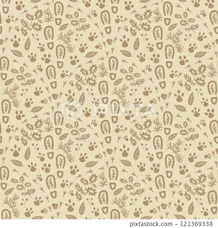 Woodland seamless pattern. Forest endless background. Monochrome continuous ornament. Surface pattern design motif. Vector hand drawn illustration. Woodland seamless pattern. Forest endless background. Monochrome continuous ornament. Surface pattern design motif. Vector hand drawn illustration. 121369338