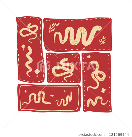 Green snake Chinese New Years square emblem symbol. Cny zodiac snake lunar 2025 modular poster isolated on white background. Vector hand drawn flat illustration Green snake Chinese New Years square emblem symbol. Cny zodiac snake lunar 2025 modular poster isolated on white background. Vector hand drawn flat illustration 121369344