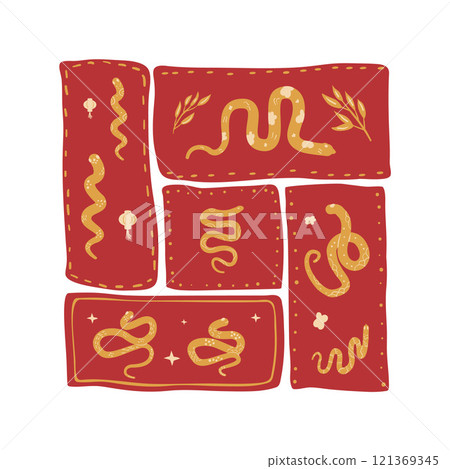 Green snake Chinese New Years square emblem symbol. Cny zodiac snake lunar 2025 modular poster isolated on white background. Vector hand drawn flat illustration 121369345