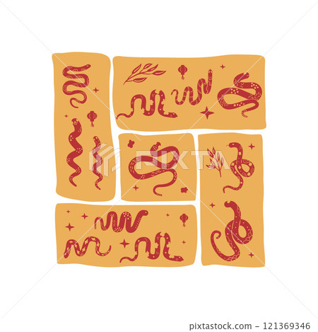Green snake Chinese New Years square mosaic emblem symbol. Cny zodiac snake lunar 2025 modular poster isolated on white background. Vector hand drawn flat illustration 121369346